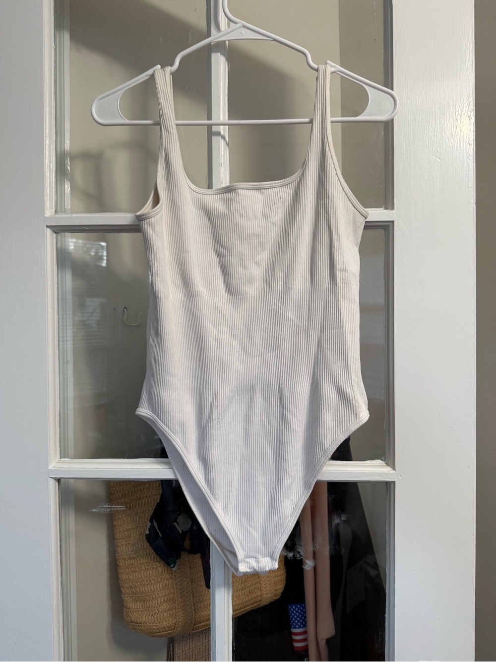 Square Neck Ribbed Bodysuit in Cream